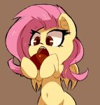  2017 apple bat_pony bat_wings digital_media_(artwork) equid eyebrows eyelashes fangs female feral flutterbat_(mlp) fluttershy_(mlp) food friendship_is_magic hair hasbro hi_res holding_food holding_object luxaestas mammal membrane_(anatomy) membranous_wings my_little_pony navel open_mouth pink_hair red_eyes simple_background solo teeth wings yellow_body 
