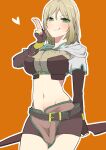  1girl bangs blonde_hair blush bow_(weapon) breasts brown_gloves brown_shirt brown_skirt closed_mouth commentary_request commission cowboy_shot crop_top elbow_gloves fingerless_gloves fuurin_kingyou gloves green_eyes heart holding holding_bow_(weapon) holding_weapon hunter_(ragnarok_online) large_breasts looking_at_viewer midriff miniskirt navel orange_background outline ragnarok_online shirt short_hair short_shorts short_sleeves shorts shorts_under_skirt simple_background skeb_commission skirt smile solo two-tone_shirt weapon white_outline 