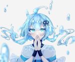  1boy ahoge artist_name black_shirt blue_eyes blue_hair blue_shirt lim_(technoroid) looking_at_viewer male_focus own_hands_together shenaa shirt short_sleeves solo technoroid turtleneck twintails water_drop white_background 