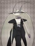  ambiguous_gender antennae_(anatomy) anthro clothing coat generation_7_pokemon grey_eyes hi_res looking_at_viewer nintendo pheromosa pheromosa1111 pokemon pokemon_(species) simple_background solo topwear ultra_beast 