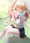  1girl absurdres ball bike_shorts_under_skirt black_skirt blonde_hair bottle breasts buttons collarbone commentary cowboy_shot curly_hair gradient_hair highres holding holding_bottle looking_at_viewer medium_breasts multicolored_hair one_eye_closed pink_hair project_sekai racket red_eyes shirt short_sleeves sitting skirt smile solo sportswear symbol-only_commentary tenma_saki tennis_ball tennis_racket tennis_uniform thighs timmoo twintails water_bottle yellow_shirt 