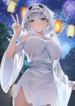  1girl :3 absurdres aerial_fireworks alternate_costume blurry blurry_background breasts closed_mouth commentary crossed_bangs double-parted_bangs dress fireworks ghost_costume green_eyes grey_hair hair_between_eyes hand_up highres hololive lantern large_breasts looking_at_viewer night outdoors shirogane_noel short_dress short_hair shuvi_(shuvi1125) single-shoulder_dress solo v virtual_youtuber white_dress white_hood wide_sleeves 