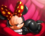  angelauxes anthro big_butt black_body black_fur black_nose bow_ribbon butt chubby_female clothing disney female fur gloves handwear mammal minnie_mouse mostly_nude mouse murid murine rodent short_stack sleeping slightly_chubby solo solo_focus thick_thighs wide_hips 