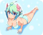  1girl :o ahoge arm_support ass azure_striker_gunvolt bangs barefoot bikini blue_background blue_bikini blue_eyes breasts commentary cougar_(cougar1404) green_hair halterneck headgear looking_at_viewer lying medium_breasts on_stomach open_mouth pink_headwear polka_dot polka_dot_bikini roro_(gunvolt) rounded_corners shadow short_hair solo swimsuit 