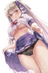  1girl absurdres azur_lane black_panties black_ribbon blush breasts classic_(zildjian33) clothes_lift commentary_request crop_top crop_top_overhang cropped_shirt dutch_angle formidable_(azur_lane) from_below hair_ribbon highres lace lace_panties large_breasts lifted_by_self long_hair looking_at_viewer looking_down midriff neckerchief no_bra panties pleated_skirt purple_skirt red_neckerchief revision ribbon school_uniform serafuku shirt short_sleeves skirt skirt_lift solo thigh_gap twintails underboob underwear uniform very_long_hair white_shirt 