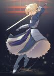  1girl ahoge artoria_pendragon_(fate) blonde_hair blue_eyes boots braid braided_bun closed_mouth commentary_request excalibur_(fate/stay_night) fate/stay_night fate_(series) from_side gauntlets grey_boots hair_bun highres looking_at_viewer puddle solo splashing sword vii_(joshuayuen) weapon 