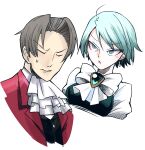  1boy 1girl ace_attorney ascot black_vest blue_eyes blue_hair closed_eyes closed_mouth franziska_von_karma grey_hair hair_intakes jacket long_sleeves looking_at_another miles_edgeworth minashirazu mole mole_under_eye open_mouth red_jacket shirt short_hair simple_background upper_body vest white_background white_shirt 