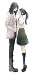  1boy 1girl awarinko black_footwear black_hair black_pants black_socks blush boots breasts closed_eyes collared_shirt dress_shoes full_body green_skirt grey_jacket hair_between_eyes hair_ornament hairclip highres jacket jacket_tug long_hair medium_breasts munakata_souta neck_ribbon pants pleated_skirt ponytail puckered_lips ribbon school_uniform shirt short_sleeves skirt socks suzume_(suzume_no_tojimari) suzume_no_tojimari sweatdrop tiptoes white_background white_shirt 