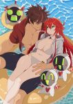  bikini black_swim_trunks breasts brown_eyes brown_hair collarbone couple green_eyes guilty_gear guilty_gear_strive hetero highres jack-o&#039;_valentine jacket large_breasts long_hair multicolored_hair muscular muscular_male open_clothes open_jacket red_hair red_jacket short_hair sol_badguy swim_ring swimsuit two-tone_hair ume_(okum_00) white_bikini white_hair white_jacket 