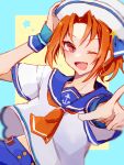  1boy blue_background blue_sailor_collar fang hat highres hyd_(technoroid) looking_at_viewer male_focus multicolored_background one_eye_closed orange_eyes orange_hair otoko_no_ko pointing pointing_at_viewer sailor_collar sailor_hat shenaa shirt short_hair short_sleeves shorts skin_fang solo technoroid yellow_background 