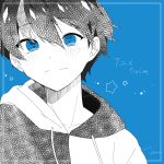  1boy artist_name blue_background blush closed_mouth cobalt_(technoroid) dated highres hood hood_down hoodie male_focus partially_colored shenaa short_hair smile solo star_(symbol) technoroid translation_request 
