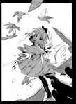  1girl absurdres bird blood blood_from_mouth boots dress floating_hair flock full_body gloves greyscale hairband highres injury mgong520 monochrome original pantyhose pov short_hair tripping 
