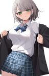  1girl alternate_costume black_jacket blue_bow blue_bowtie blue_skirt blunt_bangs bow bowtie braid braided_bangs closed_mouth collared_shirt commentary_request dress_shirt expressionless green_eyes grey_hair highres hololive jacket looking_at_viewer miniskirt plaid_clothes plaid_skirt pleated_skirt school_uniform shirogane_noel shirt shirt_tucked_in short_hair simple_background single_off_shoulder skirt solo thomas_8000 virtual_youtuber white_background white_shirt 