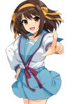  1girl absurdres bangs breasts brown_eyes brown_hair collarbone hair_ornament hairband hand_on_hip haruhisky highres long_hair long_sleeves looking_at_viewer medium_breasts open_mouth pointing pointing_at_viewer school_uniform simple_background skirt smile solo suzumiya_haruhi suzumiya_haruhi_no_yuuutsu white_background 