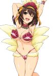  1girl absurdres arm_behind_head armpits arms_up ass_visible_through_thighs bangs breasts brown_eyes brown_hair detached_collar feather_trim fur_trim hair_ornament hairband haruhisky highleg highres large_breasts long_hair looking_at_viewer navel one_eye_closed open_mouth revealing_clothes shiny_skin simple_background smile solo stomach suzumiya_haruhi suzumiya_haruhi_no_yuuutsu sweat sweatdrop teeth thighs upper_teeth_only white_background 