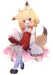  1girl :3 :d ahoge animal_ear_fluff animal_ears bell black_footwear blonde_hair blush commentary_request flower fox_ears fox_girl fox_tail frilled_hakama frills full_body hair_bell hair_ornament hakama hakama_short_skirt hakama_skirt highres japanese_clothes jingle_bell kimono long_hair long_sleeves looking_at_viewer original pink_flower pumo_(kapuchiya) red_eyes red_hakama ribbon-trimmed_sleeves ribbon_trim short_eyebrows simple_background skirt sleeves_past_fingers sleeves_past_wrists smile socks solo tabi tail thick_eyebrows very_long_hair white_background white_kimono white_socks zouri 