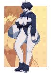  anthro big_breasts black_body black_fur blue_eyes breasts butter_sugoi cleavage clothed clothing female fingerless_(marking) footwear fur hair hi_res huge_breasts jacket looking_at_viewer mammal procyonid raccoon shoes smile solo topwear white_body white_fur 
