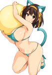  1girl absurdres animal_ears ball bangs bikini breasts brown_eyes brown_hair cat_ears cat_tail fake_animal_ears fake_tail hair_ornament hairband haruhisky highres holding long_hair medium_breasts simple_background solo suzumiya_haruhi suzumiya_haruhi_no_yuuutsu swimsuit tail white_background 