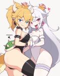  2girls absurdres artist_name ass blonde_hair blue_eyes blush bowsette bracelet breasts cremanata earrings gloves heart hetero highres hug jewelry large_breasts long_hair looking_at_viewer looking_away luigi&#039;s_mansion mario_(series) multiple_girls necklace new_super_mario_bros._u_deluxe pointy_ears ponytail princess_king_boo red_eyes simple_background super_crown swimsuit tail teeth tongue tongue_out white_background white_gloves white_hair 