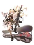  1girl amatsuki_mahjong arm_up armpits assault_rifle bare_arms bare_shoulders belt bird black_boots black_bow black_bowtie black_gloves black_necktie black_ribbon black_sash black_shirt black_skirt blonde_hair blue_eyes boots bow bowtie braid breasts brown_thighhighs cleavage clothing_cutout collared_shirt crown dedeko flower frilled_boots frilled_gloves frilled_skirt frilled_thigh_strap frills garter_straps gloves gold_flower gun hair_bow hair_ornament hand_on_own_face highres holding holding_gun holding_weapon kanzaki_kanade_(amatsuki_mahjong) large_breasts long_hair m4_carbine mini_crown necktie official_art open_mouth owl panties panty_peek red_flower ribbon rifle sash shirt shoulder_sash simple_background single_garter_strap single_thighhigh skirt skirt_flip sleeveless sleeveless_shirt solo standing standing_on_one_leg tachi-e thigh_strap thighhighs thighs underboob underboob_cutout underwear weapon weapon_case white_background white_belt white_panties 