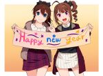  2girls :d bangs black_bow black_sweater blue_eyes bow brown_coat brown_hair closed_mouth coat collared_shirt commentary cowboy_shot drill_hair english_text grey_coat hair_bow happy_new_year holding holding_sign idolmaster idolmaster_million_live! idolmaster_million_live!_theater_days kamille_(vcx68) looking_at_viewer medium_hair miniskirt multiple_girls new_year open_clothes open_mouth open_skirt outside_border plaid plaid_skirt pleated_skirt ponytail purple_eyes purple_skirt satake_minako shirt side-by-side side_drill side_ponytail sidelocks sign skirt smile standing sweater v white_shirt white_skirt white_sweater yokoyama_nao 