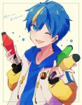  1boy blue_border blue_eyes blue_hair border cobalt_(technoroid) highres hood hood_down hoodie long_sleeves looking_at_viewer male_focus one_eye_closed open_mouth orange_hair shenaa short_hair smile solo technoroid translation_request white_background 
