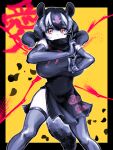  1girl aye-aye_(kemono_friends) black_dress black_hair breasts china_dress chinese_clothes dress hand_gesture highres huge_breasts kemono_friends kemono_friends_3 lemur_ears lemur_tail looking_at_viewer multicolored_hair orange_eyes pelvic_curtain short_dress short_hair side_slit solo thighhighs white_hair yokuko_zaza 