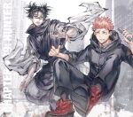  2boys black_hair black_pants brothers brown_eyes choso_(jujutsu_kaisen) closed_mouth facial_tattoo fingernails full_body high_collar highres ho9_999 itadori_yuuji jujutsu_kaisen long_sleeves male_focus multiple_boys multiple_scars pants pink_hair red_shoes scar scar_on_face scar_on_mouth shoes short_hair short_twintails siblings sideburns tattoo twintails undercut 