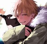  1boy animal bangs bird black_eyes black_fur blush brown_hair chainsaw_man closed_mouth coat commentary_request denji_(chainsaw_man) fur-trimmed_hood fur_trim green_coat hair_between_eyes half-closed_eyes hands_up hood hooded_coat hug kurosakiinu light_brown_hair long_sleeves looking_at_viewer male_focus penguin red_eyes sharp_teeth short_hair simple_background smile teeth two-tone_fur upper_body white_background white_fur wide_sleeves 