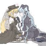  2girls animal_ear_piercing animal_ears arknights bang_dream! bang_dream!_it&#039;s_mygo!!!!! black_dress black_hat black_wrist_cuffs blonde_hair blue_hair chain commentary_request detached_sleeves dog_ears dog_girl dog_tail dress eye_contact happy123000 hat holding holding_leash horns juliet_sleeves korean_commentary leash long_hair long_sleeves looking_at_another medium_hair misumi_uika misumi_uika_(caged_singer) multiple_girls puffy_sleeves sidelocks sleeveless sleeveless_dress tail togawa_sakiko togawa_sakiko_(master_of_melodia) wrist_cuffs yellow_eyes yuri 