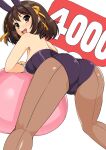  1girl absurdres bangs black_leotard breasts brown_eyes brown_hair from_behind hair_ornament hairband haruhisky highres leotard long_hair medium_breasts pantyhose playboy_bunny simple_background solo strapless strapless_leotard suzumiya_haruhi suzumiya_haruhi_no_yuuutsu white_background 