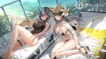  2girls azur_lane bangs bare_shoulders beach bikini bird black_bikini black_hair bruenhilde_(azur_lane) charybdis_(azur_lane) charybdis_(prim_sea_breeze)_(azur_lane) chick copyright_name covered_navel cup day drinking_straw floating_hair flower food fruit grey_hair hair_between_eyes hand_on_own_thigh hat hat_flower holding holding_eyewear knee_up lemon lemon_slice lying maenoo manjuu_(azur_lane) multicolored_hair multiple_girls navel official_alternate_costume official_art on_back palm_leaf parted_lips petals pillow sandals see-through short_hair sitting sun_hat sunglasses swimsuit thigh_strap thighs water white_flower window 