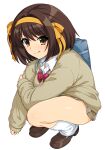  1girl absurdres bag bangs breasts brown_eyes brown_hair full_body hair_ornament hairband haruhisky highres loafers long_hair looking_at_viewer loose_socks medium_breasts school_bag school_uniform shoes simple_background skirt socks solo squatting suzumiya_haruhi suzumiya_haruhi_no_yuuutsu thighs tongue tongue_out white_background 