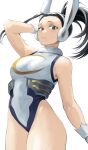  1girl absurdres animal_ears black_eyes black_hair boku_no_hero_academia breasts commentary_request cosplay covered_navel duplicate fengling_(furin-jp) gloves hair_pulled_back highres leotard long_hair looking_at_viewer medium_breasts mirko mirko_(cosplay) pixel-perfect_duplicate ponytail rabbit_ears sleeveless sleeveless_turtleneck sleeveless_turtleneck_leotard solo thighs turtleneck turtleneck_leotard white_background white_gloves yaoyorozu_momo 