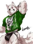 2025 absurd_res anthro arm_tattoo arm_tuft artist_name biped black_clothing black_jockstrap black_nose black_underwear bulge canid canine cheek_tuft clothed clothed_anthro clothed_male clothing digital_media_(artwork) elbow_tuft eyebrows facial_tuft fangs fur glistening glistening_body glistening_eyes green_clothing green_shirt green_t-shirt green_topwear hand_behind_head hi_res inner_ear_fluff jockstrap kumak71395 looking_at_viewer male male_anthro mammal muscular muscular_anthro muscular_male pantsless pantsless_anthro pantsless_male print_clothing print_shirt print_t-shirt print_topwear red_eyes shirt simple_background smile solo t-shirt tail tattoo teeth teeth_showing text topwear tuft underwear white_background white_body white_eyebrows white_fur white_tail
