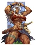  1girl abs armor barbarian belt blue_eyes breasts fake_horns headband highres horned_headwear horns long_hair looking_at_viewer messy_hair muscular muscular_female original shoulder_armor solo sword tattoo thick_thighs thighs thong underboob weapon white_hair xevious_art 