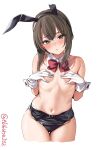  1girl alternate_costume animal_ears black_leotard blush bow bowtie brown_eyes brown_hair covered_navel covered_nipples detached_collar ebifurya fake_animal_ears hair_between_eyes highleg highleg_leotard highres kantai_collection leotard leotard_pull looking_at_viewer one-hour_drawing_challenge playboy_bunny rabbit_ears simple_background solo strapless strapless_leotard taihou_(kancolle) thigh_gap traditional_bowtie twitter_username white_background 