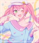  1boy blush fran_(technoroid) green_eyes highres long_hair looking_at_viewer male_focus microphone one_eye_closed open_mouth otoko_no_ko pink_background pink_hair shenaa smile solo star_(symbol) technoroid twintails waving 