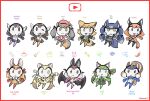  6+girls african_penguin_(kemono_friends) animal_ears black_eyes black_hair blonde_hair blue_hair bow bowtie brown_eyes brown_hair brown_long-eared_bat_(kemono_friends) caracal_(kemono_friends) cherushi_2 coyote_(kemono_friends) dire_wolf_(kemono_friends) extra_ears geoffroy&#039;s_cat_(kemono_friends) grey_hair hat humboldt_penguin_(kemono_friends) island_fox_(kemono_friends) jungle_cat_(kemono_friends) kemono_friends kemono_friends_v_project keroro_gunsou large-spotted_genet_(kemono_friends) long_hair looking_at_viewer microphone multicolored_hair multiple_girls necktie orange_hair parody ribbon short_hair siberian_chipmunk_(kemono_friends) simple_background tail virtual_youtuber yellow_eyes 