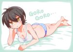  1girl bangs barefoot bed_sheet black_hair blue_panties commentary cougar_(cougar1404) crossed_ankles elbow_rest head_rest looking_at_viewer lying nari_(cougar1404) on_bed on_stomach original panties parted_lips polka_dot polka_dot_panties ribbed_panties romaji_text short_hair solo sports_bra translated underwear underwear_only white_sports_bra yellow_eyes 