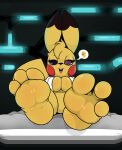  3_toes absurd_res anthro bottomless breasts cleavage clothed clothing coat electricsnowfox feet female foot_fetish foot_focus fur generation_1_pokemon hi_res lab_coat looking_at_viewer nintendo pikachu pokemon pokemon_(species) sitting soles solo toes topwear yellow_body yellow_fur 