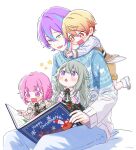  +_+ 2boys 2girls aged_down aqua_hair arms_around_neck asymmetrical_bangs bangs blonde_hair book brown_shorts collared_shirt commentary frilled_sleeves frills gradient_hair green_hair hair_between_eyes holding holding_book kamishiro_rui kusanagi_nene long_hair long_sleeves multicolored_hair multiple_boys multiple_girls neck_ribbon ootori_emu open_book open_mouth orange_eyes orange_hair pink_eyes pink_hair project_sekai purple_eyes purple_hair ribbon scrunchie sekai_yoni shirt short_hair short_sleeves shorts sitting streaked_hair sweater symbol-only_commentary tenma_tsukasa white_background wonderlands_x_showtime_(project_sekai) wrist_scrunchie yellow_eyes 