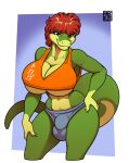  2023 anthro artist_name big_breasts breasts bulge clothed clothing digital_media_(artwork) doral freckles_(artist) gynomorph hair hand_on_hip intersex lizard looking_at_viewer non-mammal_breasts red_hair reptile scalie short_hair simple_background smile solo under_boob 
