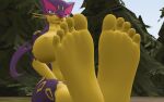  3d_(artwork) 5_toes anthro digital_media_(artwork) erikina15 feet female foot_fetish foot_focus generation_5_pokemon hi_res humanoid_feet liepard looking_at_viewer nintendo plantigrade pokemon pokemon_(species) purple_body solo toes yellow_body 