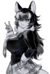  1girl animal_ears black_hair blue_eyes breasts grey_wolf_(kemono_friends) heterochromia huge_breasts kemono_friends kemono_friends_3 long_hair looking_at_viewer necktie pleated_skirt shadow_puppet skirt smile solo tail wolf_ears wolf_girl wolf_tail yellow_eyes yokuko_zaza 