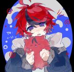  1boy ahoge animal animalization black_background black_jacket black_streaks blue_background blue_eyes dog gift_art grey_jacket hands_up head_tilt highres holding holding_animal holding_dog hood hoodie jacket jacket_over_hoodie looking_at_viewer male_focus multicolored_hair multicolored_jacket nasix68 person_and_animalization red_hair ringed_eyes short_hair straight-on streaked_hair sumino_takumi sweatdrop swirl the_hundred_line_-last_defense_academy- three-toned_background tongue tongue_out two-tone_jacket upper_body white_background white_hoodie 