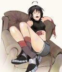  1girl ahoge animal_ears black_hair boots chair closed_eyes commentary crop_top crossed_ankles drooling english_commentary fangs fingerless_gloves gloves hand_on_own_stomach highres knees_up messy_sleeper midriff open_mouth original saliva shirt short_hair shorts sitting sleeping sleeveless sleeveless_shirt socks solo tail yonq98 
