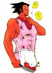  1boy ace_attorney alternate_costume apron black_hair blush colored_skin frying_pan furio_tigre holding holding_frying_pan lobster male_focus minashirazu muscular muscular_male phoenix_wright:_ace_attorney_-_trials_and_tribulations red_skin shirt short_hair simple_background sleeveless solo spiked_hair waist_apron white_apron white_background 