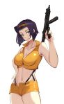  1girl absurdres breasts cleavage commission cowboy_bebop cowboy_shot crop_top faye_valentine green_eyes gun highres large_breasts looking_at_viewer machine_gun midriff navel parted_lips purple_hair shirt short_hair shorts simple_background solo stomach suspender_shorts suspenders weapon white_background yellow_shirt yellow_shorts zuyu_(zuyuzuyu6) 