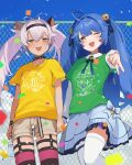  2girls ahoge amamiya_kokoro antenna_hair bell blue_hair bottle bow bowtie choker fang green_shirt hair_bell hair_bow hair_ornament highres holding holding_bottle holding_hands long_sleeves matsukai_mao multicolored_thighhighs multiple_girls nijisanji nishinomiya32 one_eye_closed shirt short_sleeves shorts skin_fang skirt sweatdrop thighhighs twintails v white_hair white_thighhighs yellow_eyes yellow_shirt 